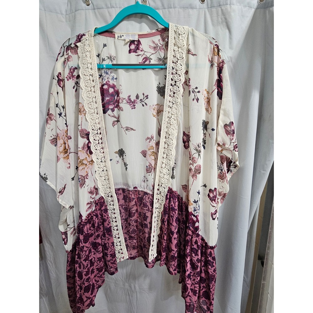 Jolt Floral Kimono Wrap Crochet Lace Trim‎ Burgundy Cream Chiffon 1X JEPW44623W